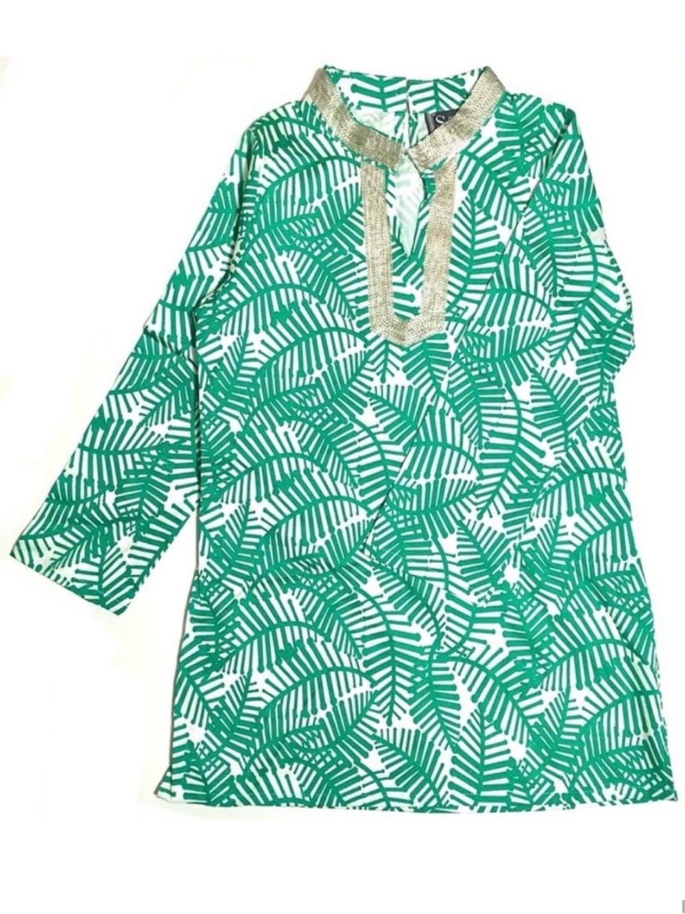 Sail to Sable STS Tunic Dress Mini Shift Luxe Leaves Green White Metallic Gold 8